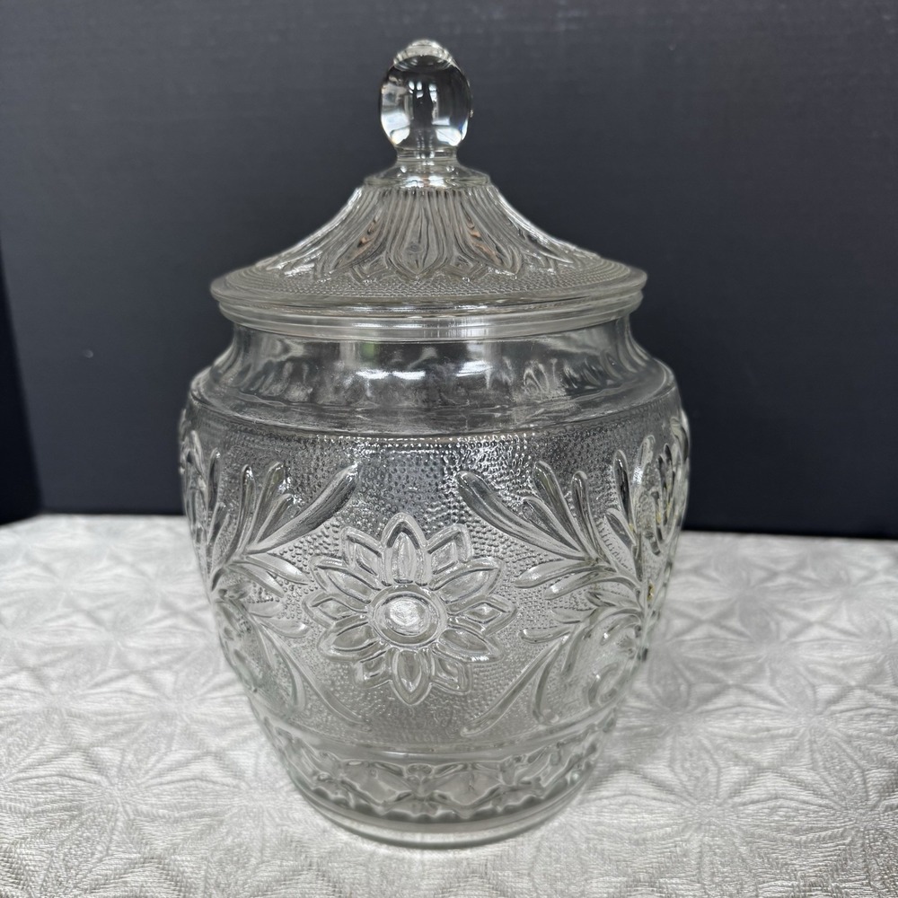 Vintage Anchor Hocking Sandwich Glass Sunflower Cookie Jar With Lid 6"×9.5"
